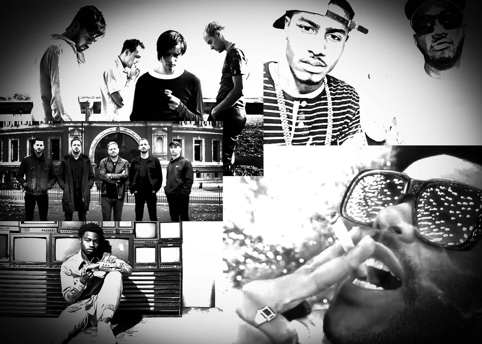 Top L, Clockwise: The 1975, The Cool Kids, The Weeknd, Roddy Ricch, Architects