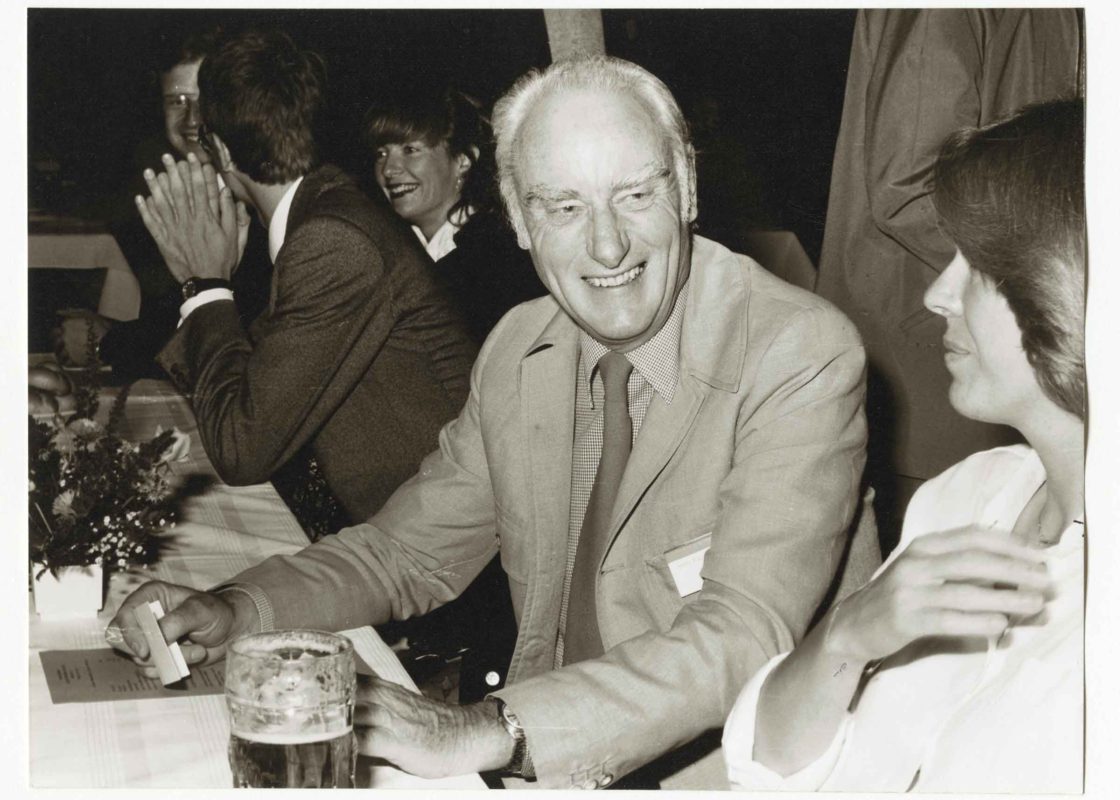 Francis Crick at a dinner at the Nobel Prize Winners Conference in Lindau, Germany, 1981