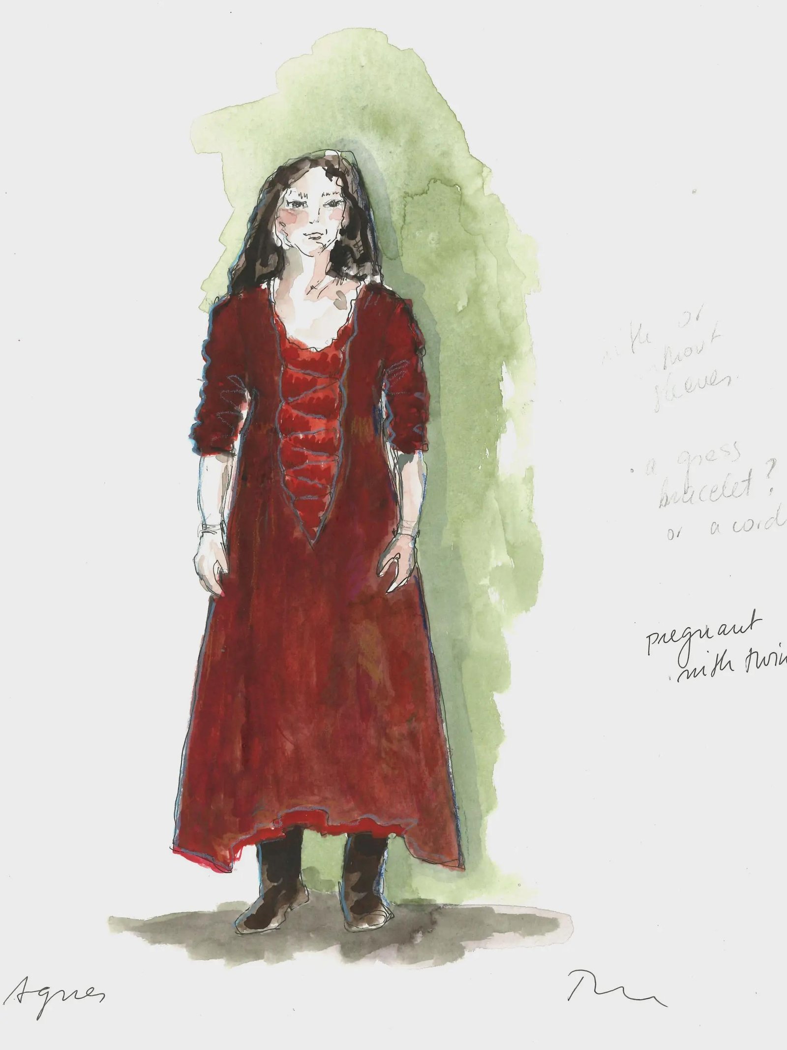 A sketch of Agnes in her red dress while pregnant with twins Hamnet and Judith. Photo courtesy of Malgosia Turzanska/Focus Features.